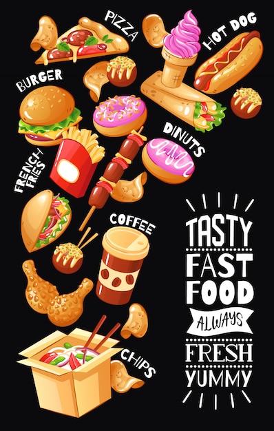 Бесплатное векторное изображение Плоский дизайн плаката с меню для кафе быстрого питания с гамбургерами, пиццей, напитками, куриными десертами