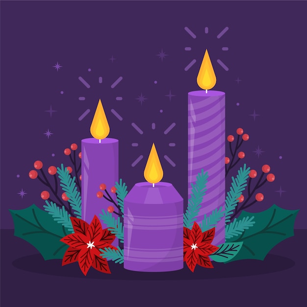 Vettore gratuito illustrazione di candele dell'avvento viola design piatto