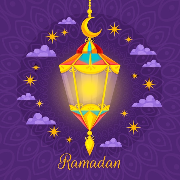 Concetto di design piatto ramadan con candela nella notte