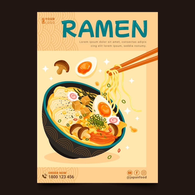 Vettore gratuito modello di poster ramen a disegno piatto