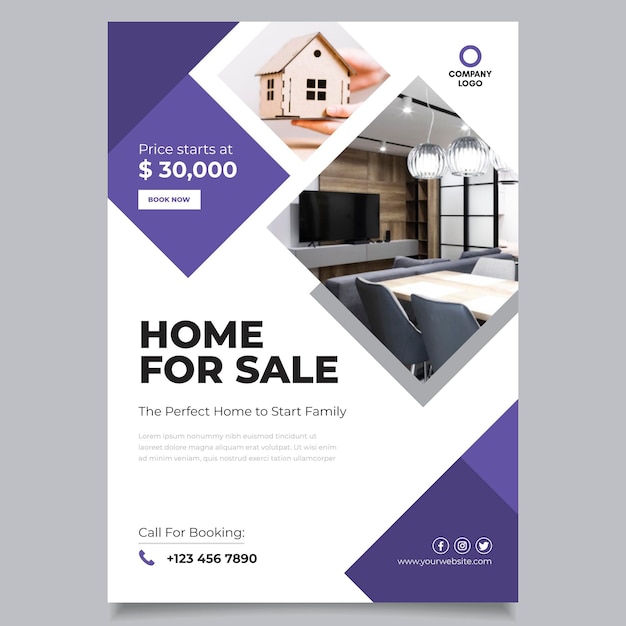 Free vector flat design real estate poster with photo ready to print