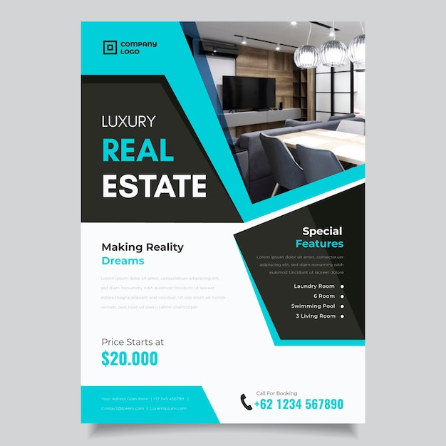 Free vector flat design real estate poster with photo ready to print