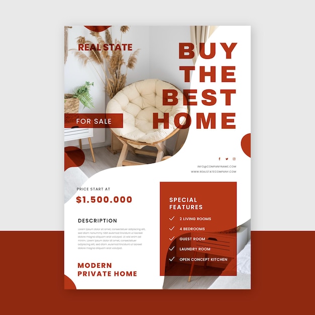 Free vector flat design real estate poster with photo ready to print