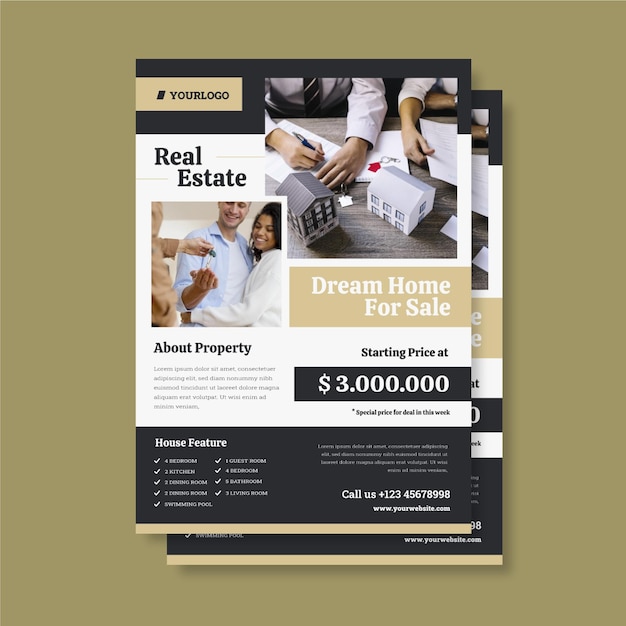 Free vector flat design real estate poster with photo ready to print