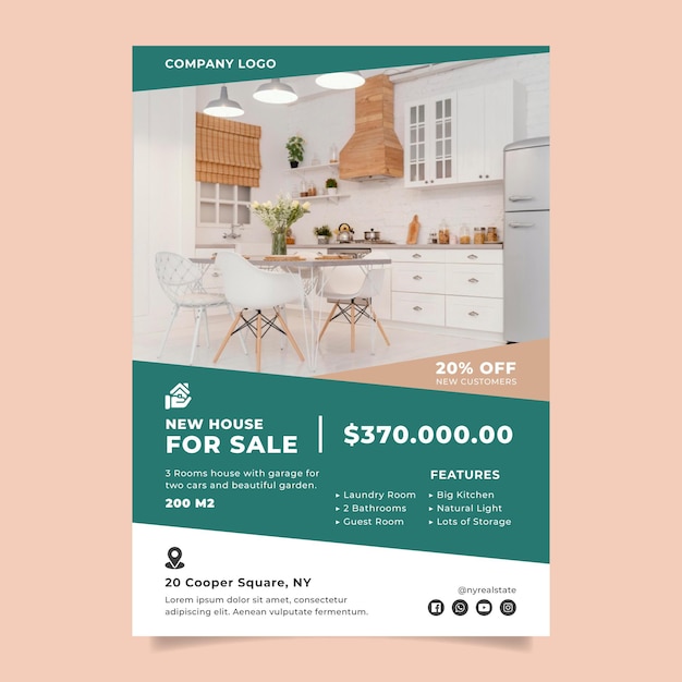 Free vector flat design real estate poster with photo ready to print