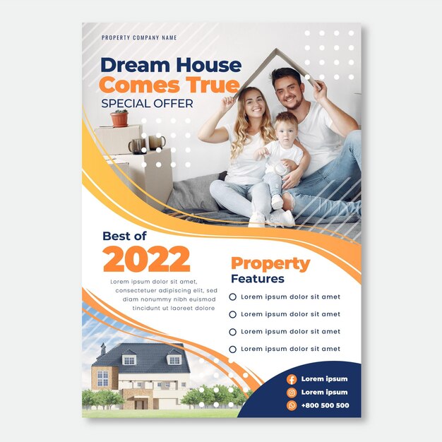 Flat design real estate poster with photo ready to print