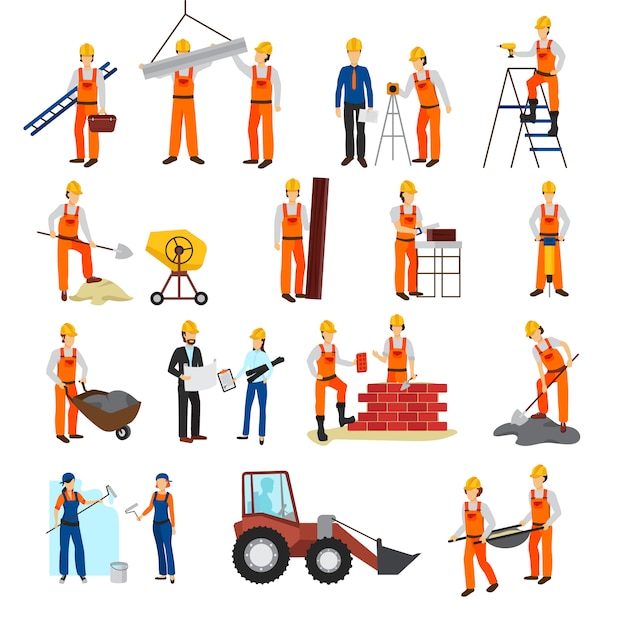 Flat design repairs construction process builders and equipment set isolated on white background vec