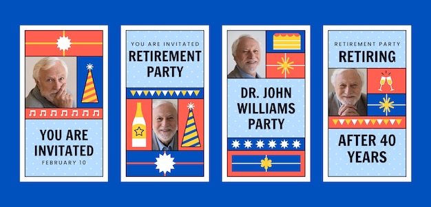Истории instagram о вечеринке по случаю выхода на пенсию в плоском дизайне