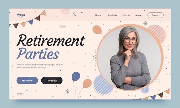 Целевая страница пенсионной вечеринки с плоским дизайном