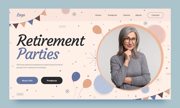 フラットなデザインの退職パーティーのランディングページ