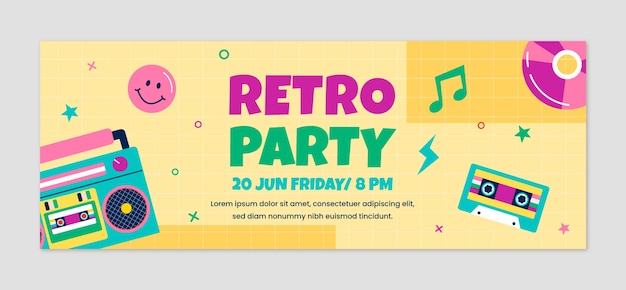 Flat design retro 90s party facebook cover