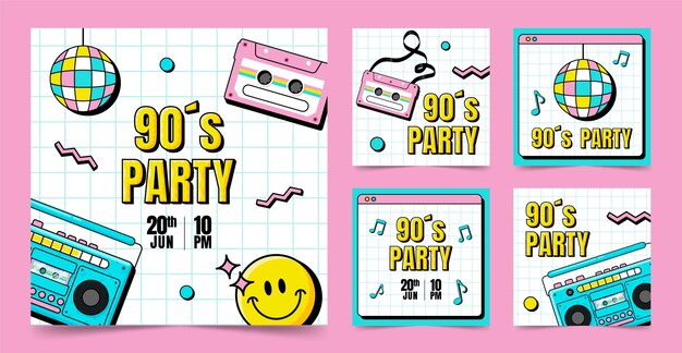 Flat design retro 90s party instagram posts