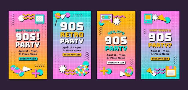 Vettore gratuito modello di storie di instagram festa retrò anni '90 dal design piatto