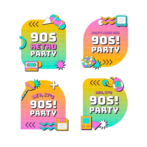 Flat Design Retro 90s Party Label Collection – Free Vector Download