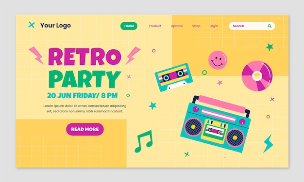 Free vector flat design retro 90s party landing page