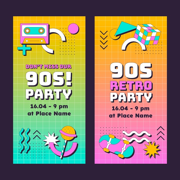 無料ベクター フラットデザインレトロ90年代パーティー垂直バナーテンプレート
