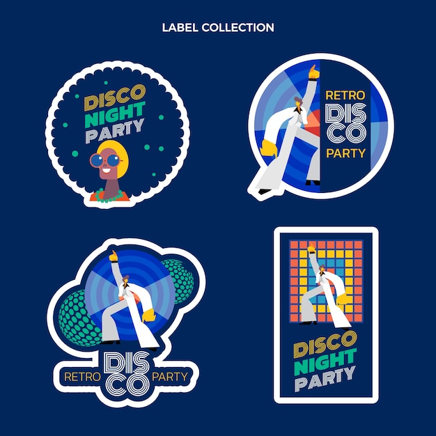 Flat design retro disco party labels