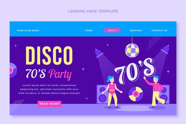 フラットなデザインのレトロなディスコパーティーのランディングページ