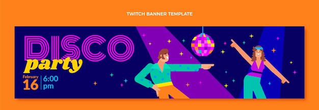 Flat Design Retro Disco Party Twitch Banner (Vector Templates)