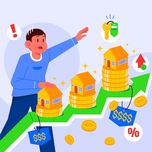 Free vector flat design rising house prices illustration