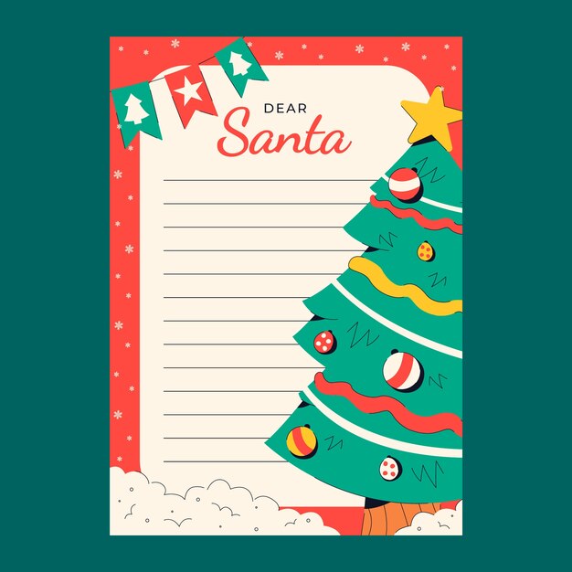 Vettore gratuito lettera di auguri di babbo natale di design piatto con albero