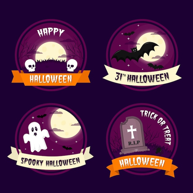 Vettore gratuito distintivi di halloween spaventosi design piatto