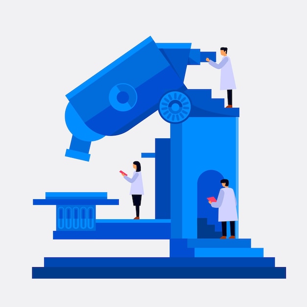 Flat design science concept with microscope and scientists