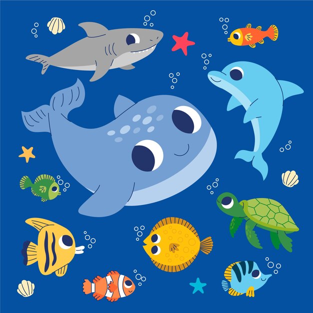 Коллекция морских животных в плоском дизайне