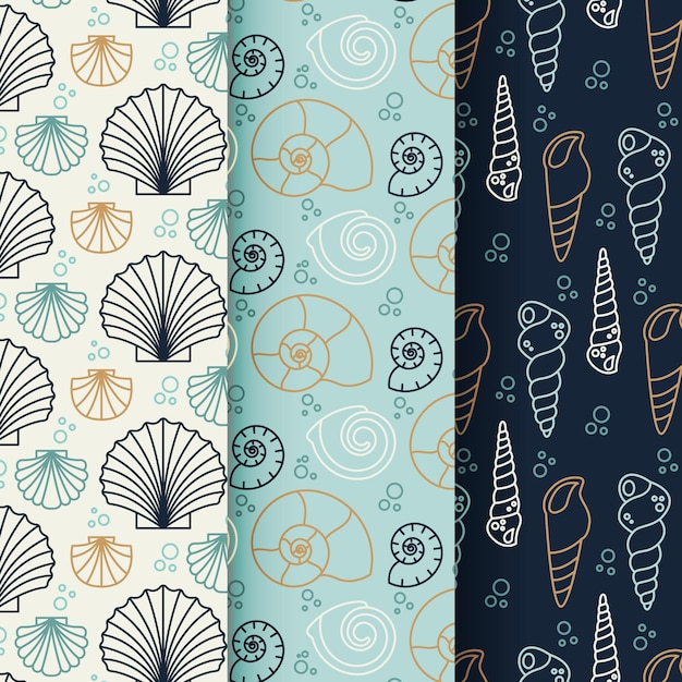 Free vector flat design seamless seashell patterns set