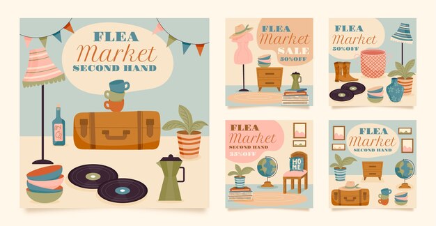 Flat design second-hand flea market instagram posts