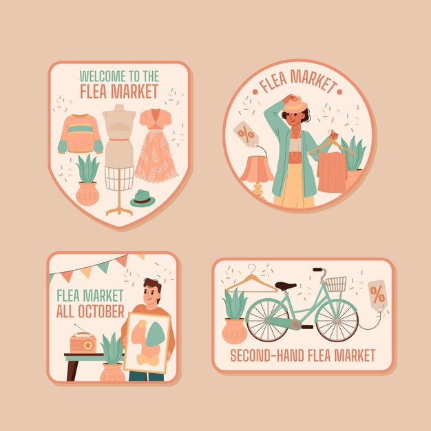 Flat design second-hand flea market labels