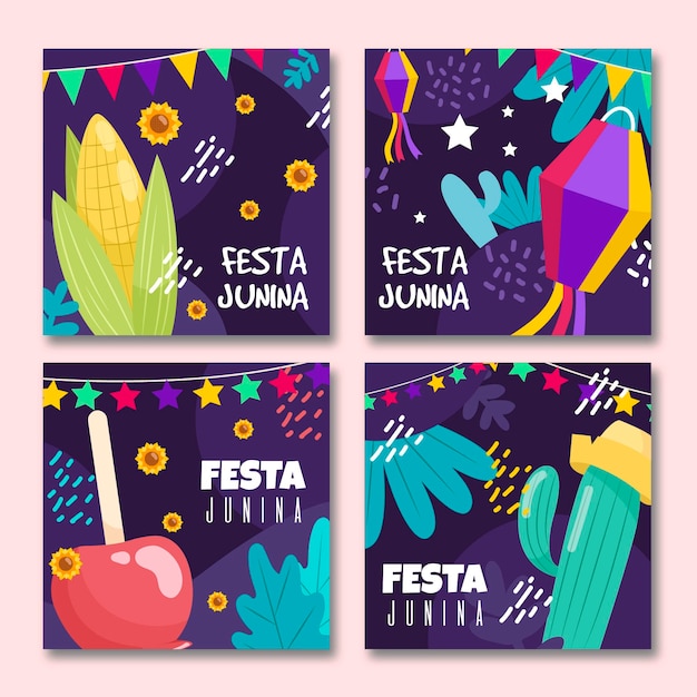 Vettore gratuito set design piatto di carte festa junina