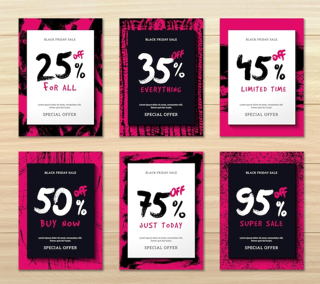 Free vector flat design set of six vertical black friday discounts banners isolated on wooden background illustration