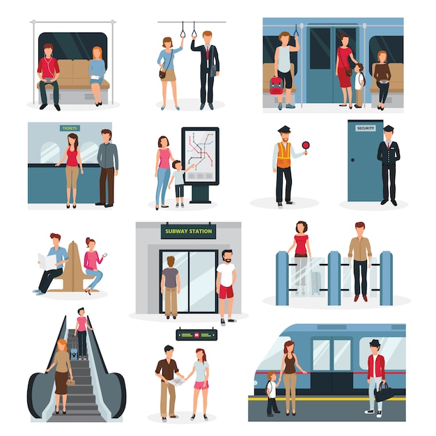 Free vector flat design set with people in different situations in subway