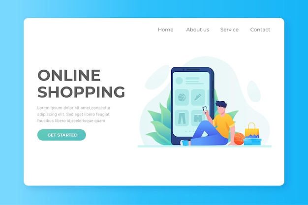 Flat design shopping online landing page with man and phone