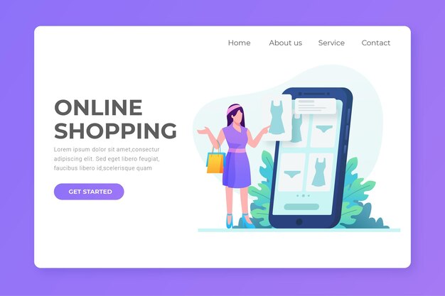 Flat design shopping online landing page with woman