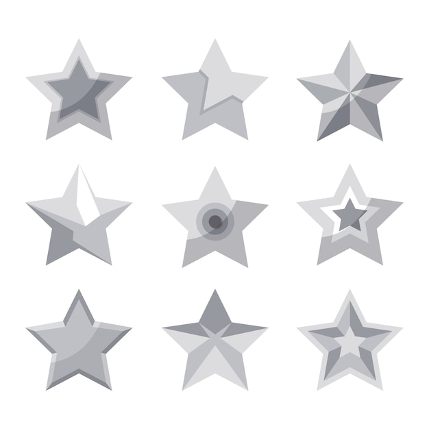 Collezione di elementi a stelle d'argento dal design piatto
