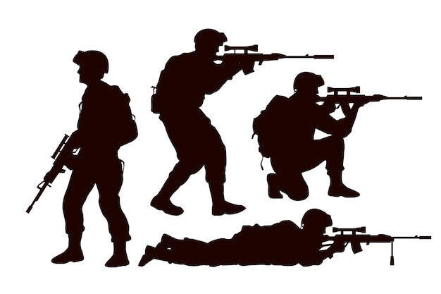 Flat design soldier silhouette illustration set