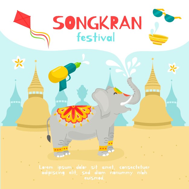 귀여운 코끼리의 평면 디자인 송크란 이벤트 그림
