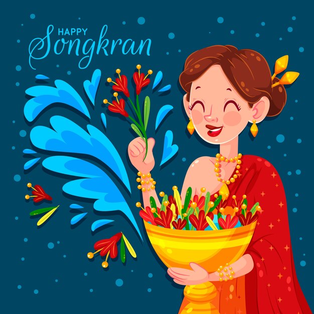 Flat design songkran woman holding flowers