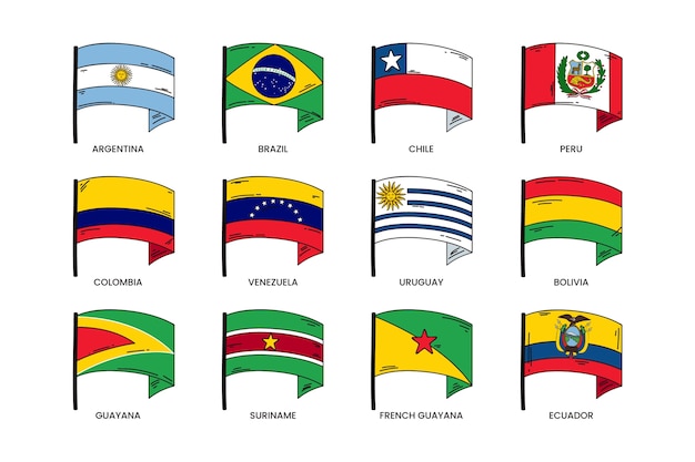 Vettore gratuito collezione di elementi di bandiere del sud america di design piatto
