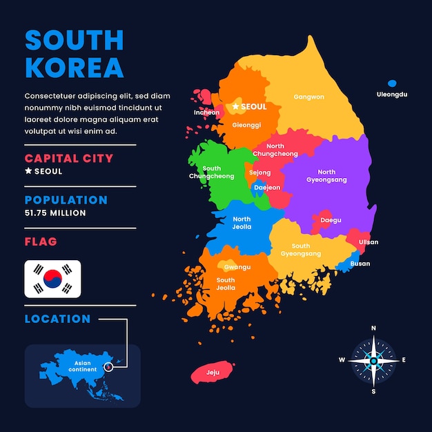 Design piatto della mappa della Corea del Sud