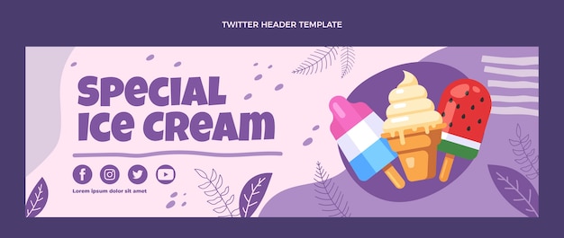 Vettore gratuito intestazione twitter speciale gelato design piatto