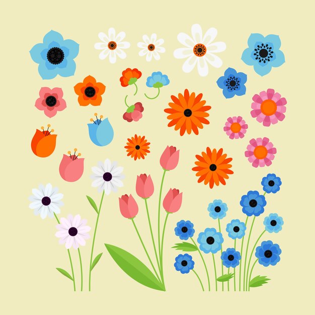Плоский дизайн коллекции весенних красочных цветов