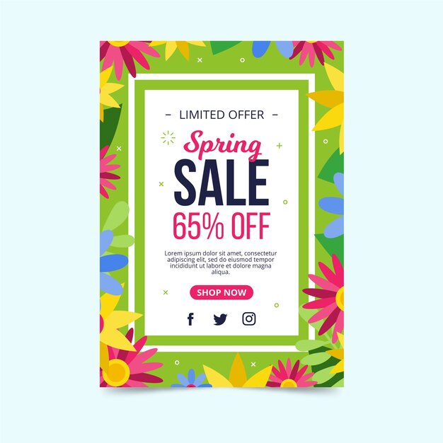 Flat design spring flyer template with colorful flowers
