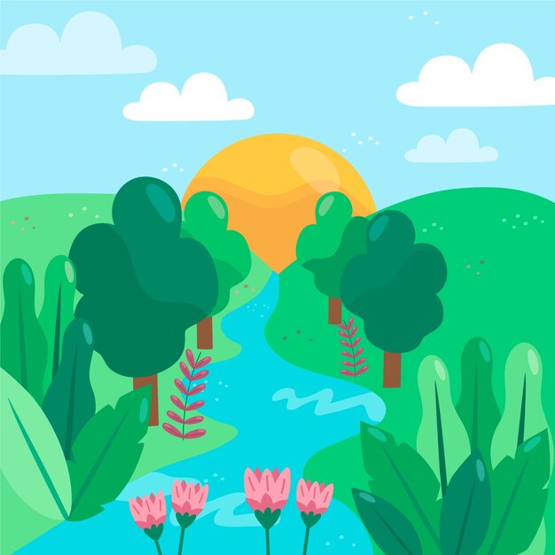 Flat design spring landscape concept