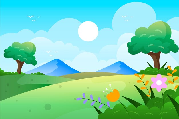 Flat design spring landscape with field and mountains