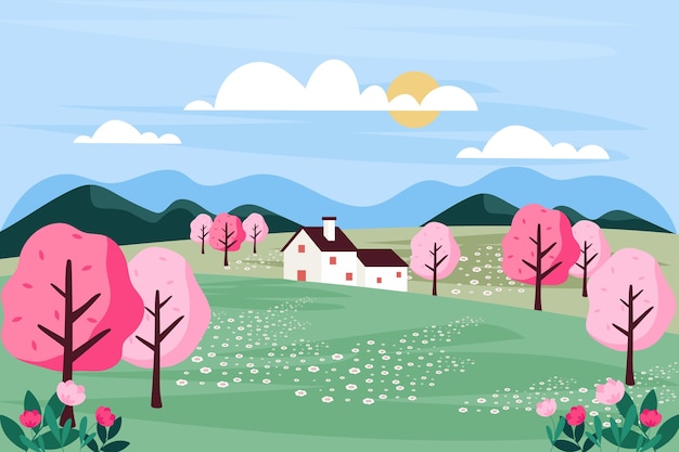 Бесплатное векторное изображение Плоский дизайн весенний пейзаж