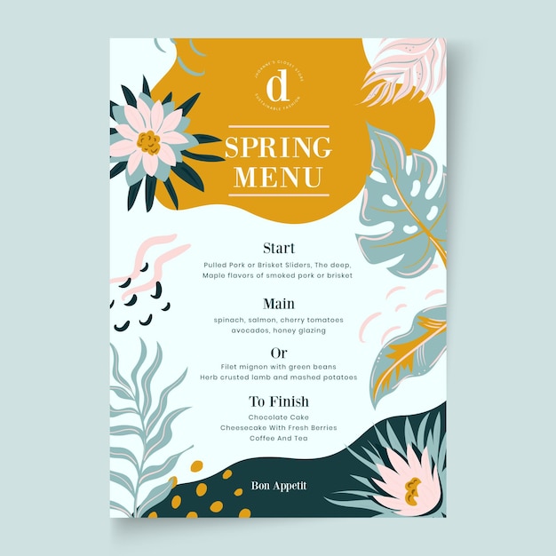 Modello floreale di menu primavera design piatto