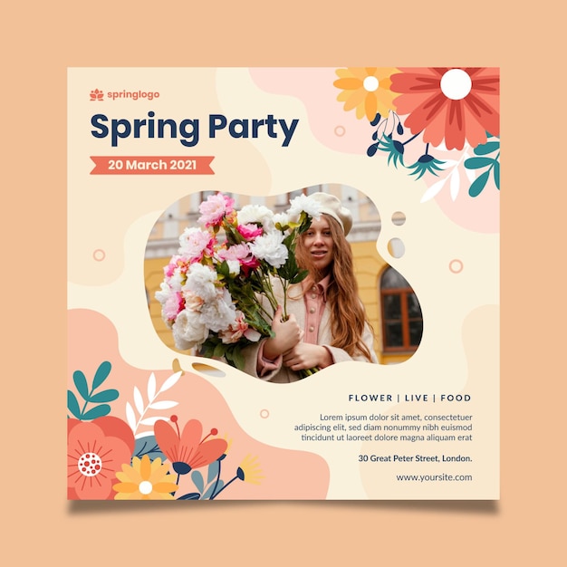 Flat design spring and model square flyer template